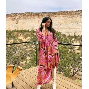Blue Boheme Floral Maxi Dress Long Sleeve V Neck Pink M/L Boho‎